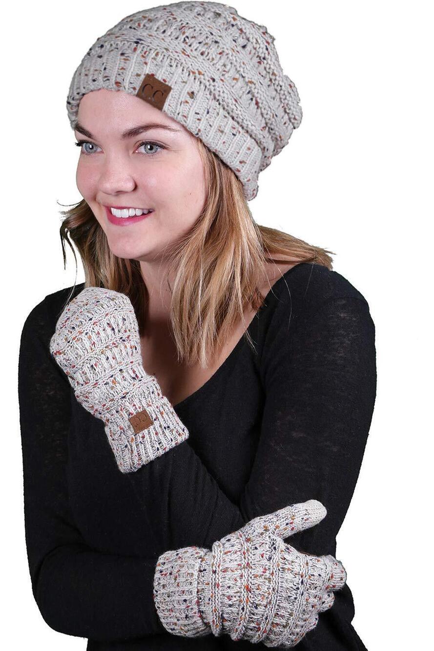 5346 Matching 2 Pack: Slouchy Beanie & Texting Gloves - Confetti Oatmeal